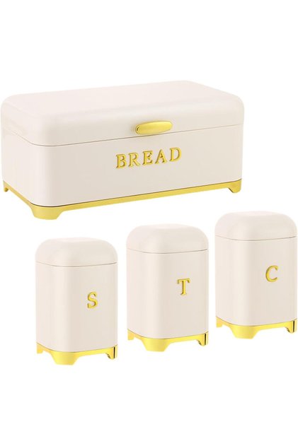 Metal Bread Box with Tea Coffee Sugar Canister Set, 4 Piece Kitchen Storage Set (White)