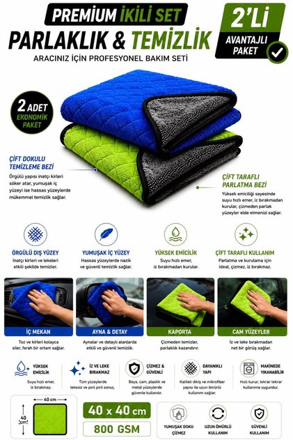 Premium Double Set Blue-Green 40X40 cm 2 Pieces Double-Sided Polishing and Drying Cloth