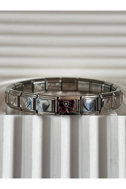 Black Pink Ribbon Charm Heart Italian Bracelet