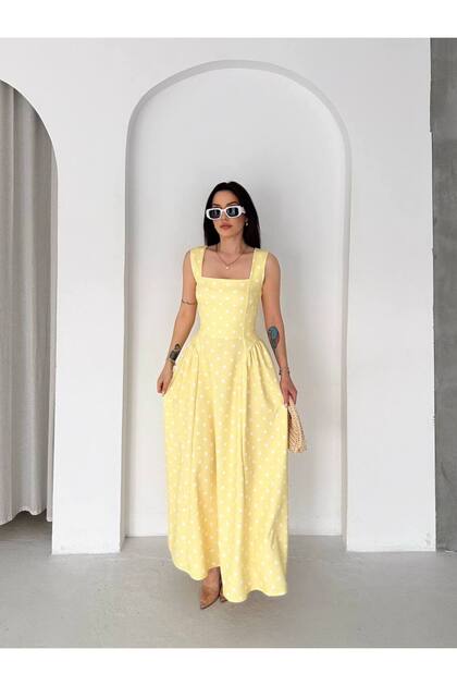 Polka Dot Patterned Square Neck Midi Dress Elegant Cut Summer Women's Dress