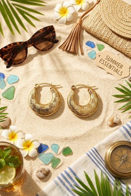 Women's Gold Color Straw Patterned Steel Hoop Earrings Anti-Tarnish Anti-Allergic