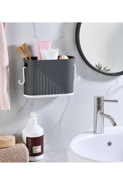 Bose Plastik Yapışkanlı Duvar Tipi Banyo Düzenleyici Raf | Çok Amaçlı Diş Fırçalık ve Banyo Organizeri | Kancalı, Damlama Hazneli ( GRİ )