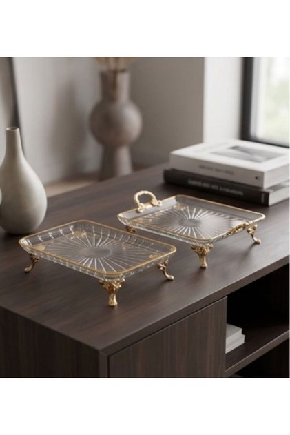 Luxury 2-Piece Glass Presentation Set with Stand - Rectangular Serving and Presentation Tray Set with Gold Detail
