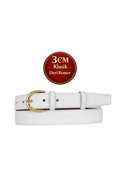 Genuine Leather, 3 cm Gold Color Buckle, White, Stitched Classic Women's Belt, 3Cmkla02