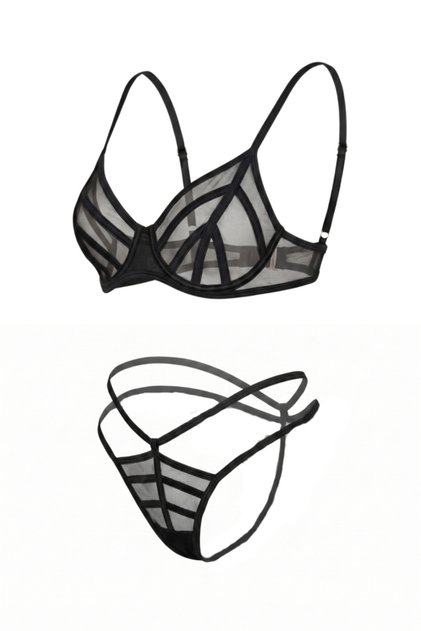 Vespera Aura - Black Thin Tulle and Ribbon Detailed Bra Set
