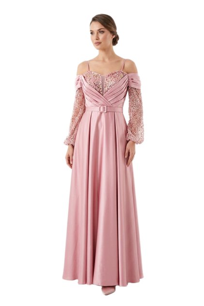 Sequin Bustier Balloon Sleeve Satin Evening Dress
