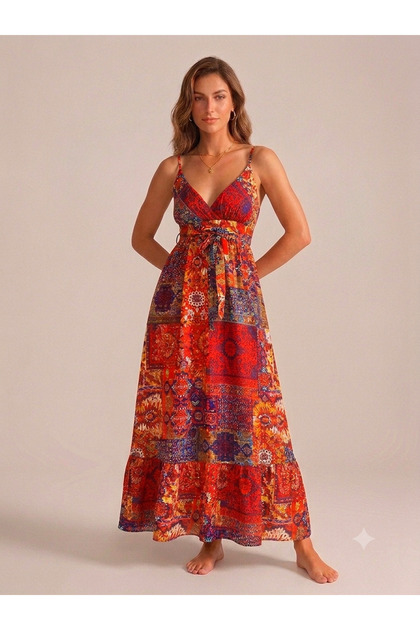 Women's Ethnic Patterned Summer Double-Breasted Strap Long Gypsy Dress 10C-2397