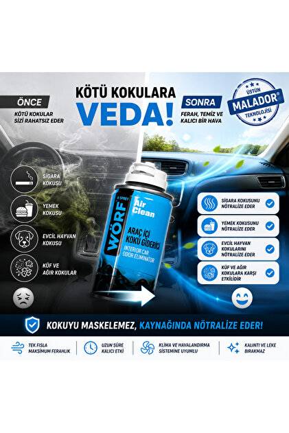 Air Clean Araç İçi Koku Giderici 150 ml | Klima ve Oto Kötü Koku Nötralize Edici Aerosol Sprey