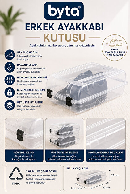 Şeffaf Erkek Ayakkabı Saklama Kutusu Klipsli Kapaklı İstiflenebilir Organizer 37 x 21 x 12 cm