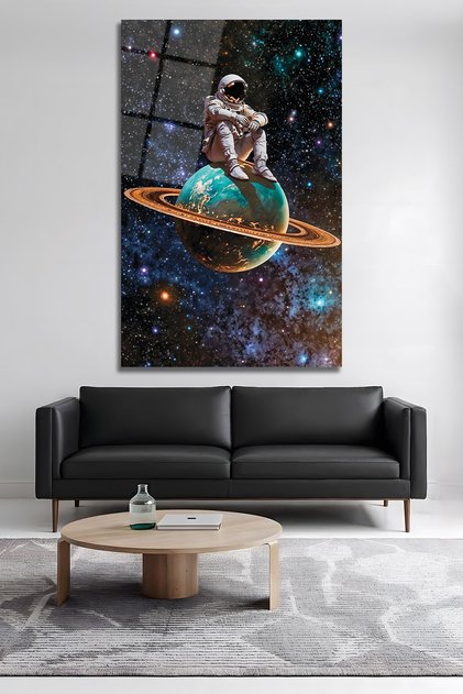 Astronot Uzay Cam Tablo Galaksi ve Gezegen Temalı Modern Duvar Dekoru