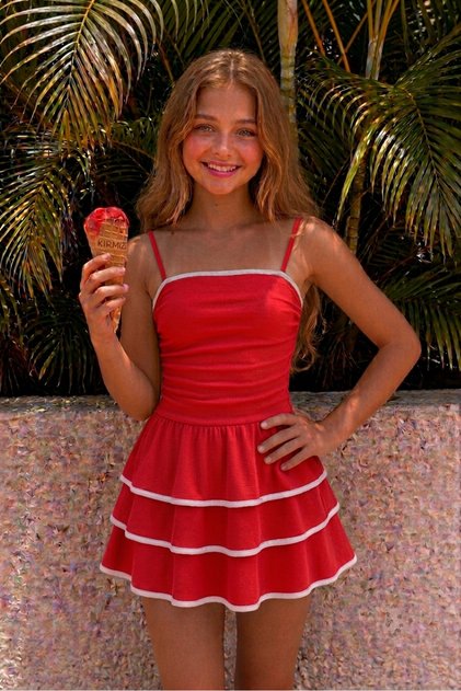 Girl's White Ruffle Dress with Piping Detail and Rope Straps