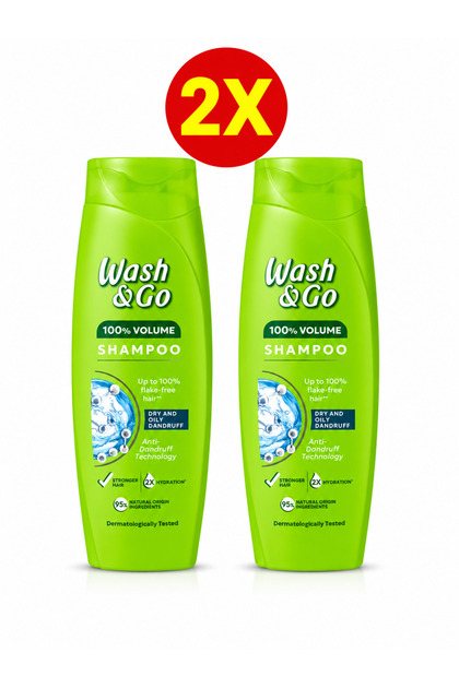 Wash & Go - Pachet 2 x Wash & Go Șampon Antimătreață 360 ml, 100% Volume, Total 720 ml