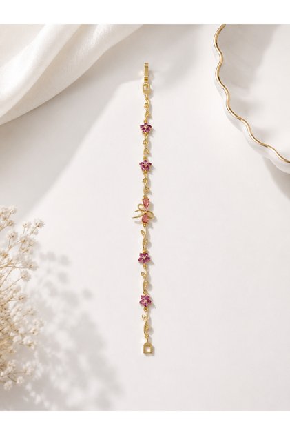 Gold Color Pink Stone Bow Bracelet | Elegant Flower Detailed Women's Bracelet | Stylish and Modern Design