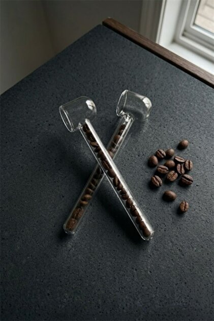 2 Glass Coffee Measuring Spoons – Decorative Design with Real Coffee Beans, Transparent Glass
