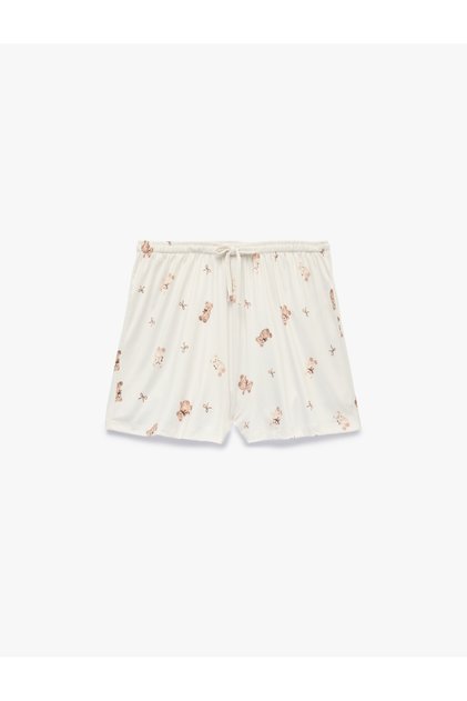 Lace Detailed Comfortable Cut Teddy Bear Printed Shorts Pajama Bottoms