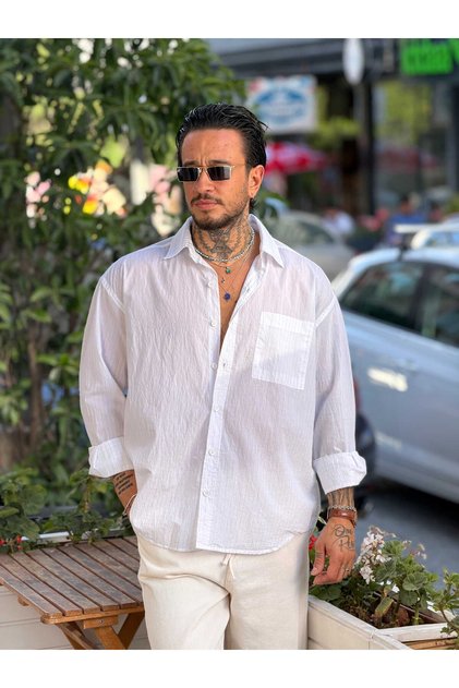 Single Pocket Striped Oversize Shirt White