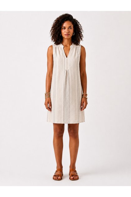 Women's Striped 100% Cotton V-Neck Sleeveless Dress with Pockets