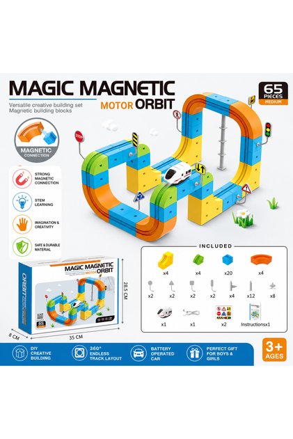 65PCS Magnetic Train Track Building Set with Motorized Electric Train | Magnetic Building Blocks DIY Railway Orbit Track | STEM Educational Construction Toy for Kids Boys & Girls Age 3+