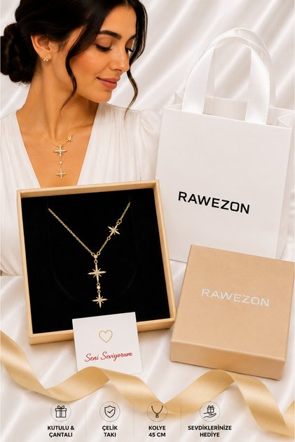Gift Concept Boxed Bagged Gold Color Steel Pole Star Pendant Necklace - Birthday Gift for a Woman or a Lover