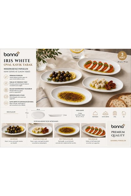 Bonna Iris White Porcelain Oval Kayık Plate 25X19 cm - Modern White Kayık Serving, Salad and Presentation Plate
