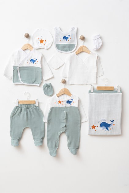 Gots Certified Fabric 100% Cotton Muslin Baby Boy Dolphin Embroidered Hospital Discharge Set of 10