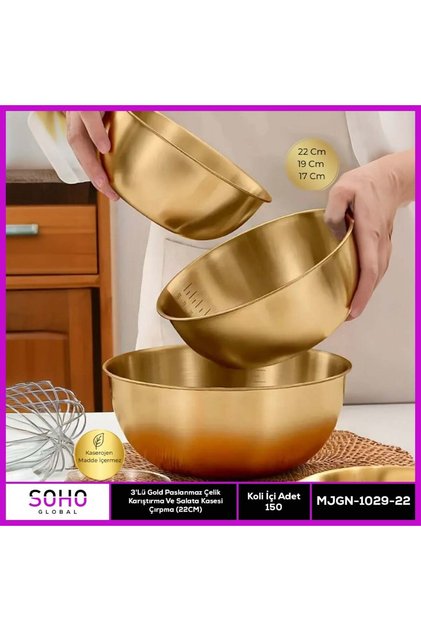 3'lü Gold Paslanmaz Çelik Karıştırma ve Salata Kasesi Çırpma 700-1200-1600 ml