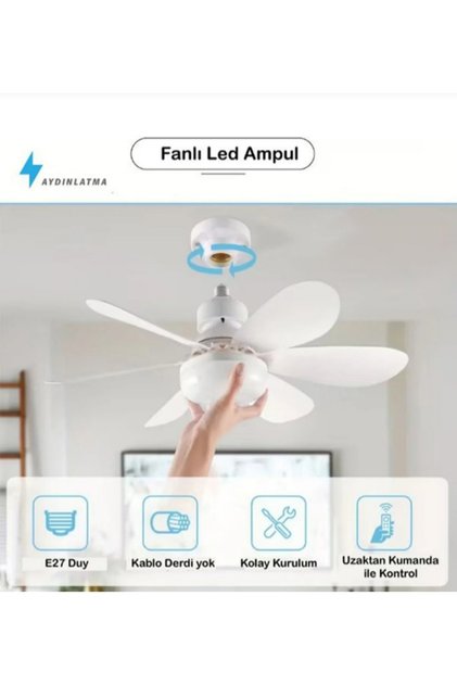 Ventus E27 Duy Uyumlu ( Standart ) 40W 6 Kanatlı Uzaktan Kumandalı 3 Renk Ayarlı Tavan Fanı Vantilatörü
