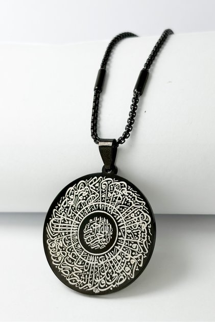 Black 3.5 cm Circle Line Embroidered Felak, Nas, Ikhlas Written & Inshirah Surah Written 60 cm Rod Thick Doc Chain Stainless Steel Necklace |   Laser Engraving