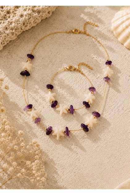 Summer Necklace and Bracelet Set with Starfish and Amethyst Natural Stones