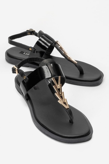 Sandale flip-flop din piele naturală neagră pentru femei, cu accesorii metalice