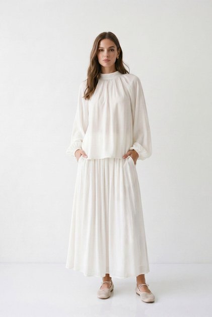 Ecru Collar Gathered Skirt Suit 6494
