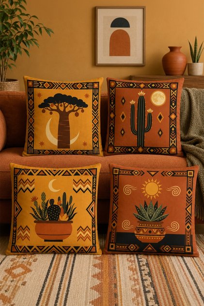 Cactus Themed Patterned 4-Piece Throw Pillow Cover Set