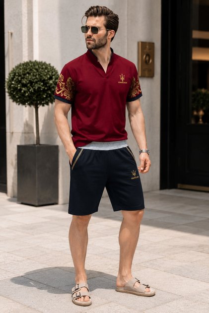 Men's & Women's Burgundy Judge Collar Patterned T-Shirt and Navy Blue Shorts Set