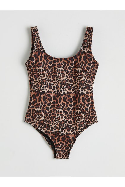 Brown U-Neck Leopard Patterned Women's Swimsuit