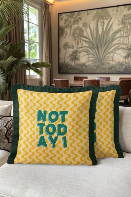 Retro Wavy Not Today Fringed Pillowcase - Text Themed Yellow Cream Green Tassel Throw Pillow Cover