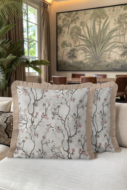 Floral Design Fringed Pillowcase - Artistic Botanical Modern Powder Mink Tassel Throw Pillow Cover