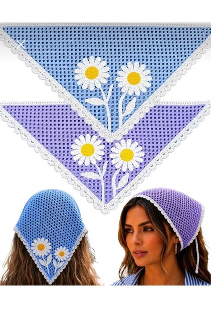 2-Piece Mother & Daughter Knitted Bandana Set – Daisy Motif Hair Bandana
