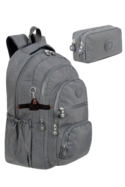Set of 2 Crinkle Fabric School Backpack + Pen Holder, with Monkey Keychain Gift Gray (Let My Bag Come with Me)