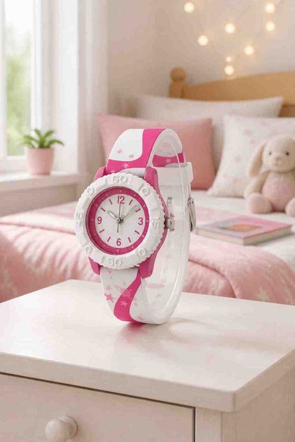 Educational Analog Children's Watch with Star Pattern Silicone Strap - Color: Light Pink