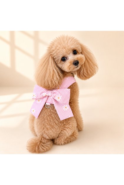 Fiyonklu Pembe Papatya Desenli Köpek Göğüs Tasması Ayarlanabilir Yumuşak Harness