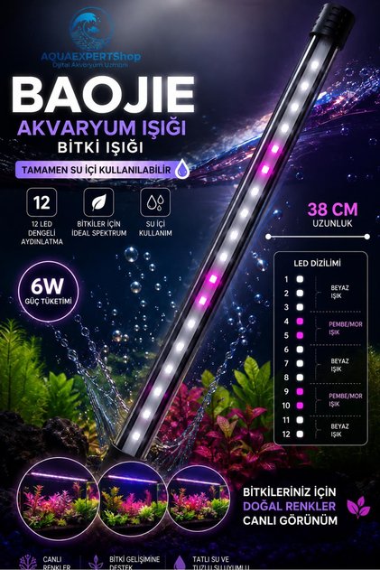 Akvaryum Işığı - Bitki Işığı - Balık Işığı - Tamamen Su İçinde Kullanılabilir - 12 Led - Pembe Beyaz - 38 CM - Güçlü Aydınlatma - 6W