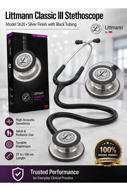 Classic III Monitoring Stethoscope Model 5620 Silver-Finish Dual-Sided Chestpiece with Black Tubing Adult and Pediatric Tunable Diaphragms Soft-Sealing Eartips 27 Inch 69 cm