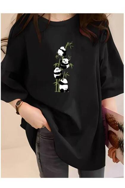 Crew Neck Bamboo Tree Panda Printed Tunic T-Shirt Short Sleeve