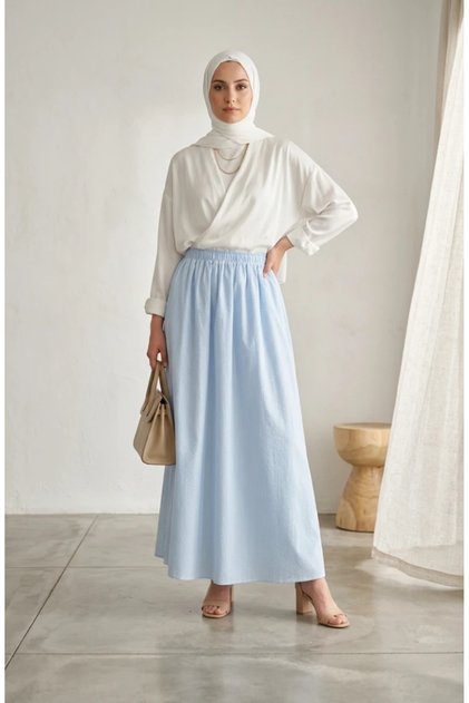 Viscose Fabric Elastic Waist Striped Skirt 0348-10 Baby Blue