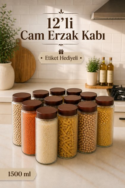 12'li Büyük Boy Cam Erzak Saklama Kabı Seti – 1500 ml Hava Almaz Cam Kavanoz, Etiket Hediyeli