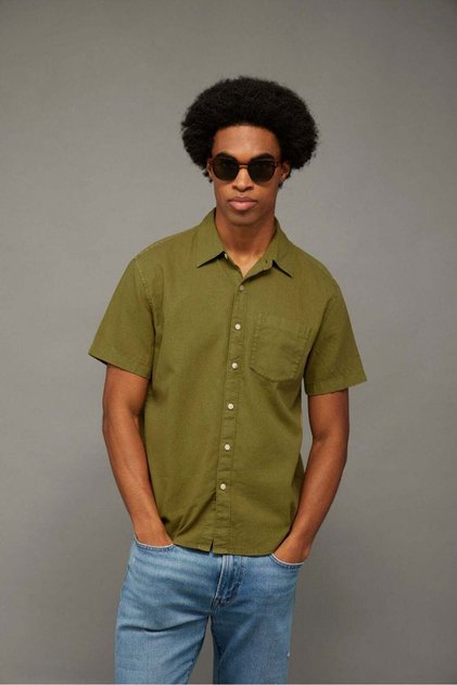 AE Linen-Blend Short-Sleeve Button-Up Shirt