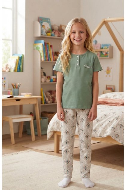 Girl's 100% Cotton Compact Combed Cotton Buttoned Crew Neck Pajama Set