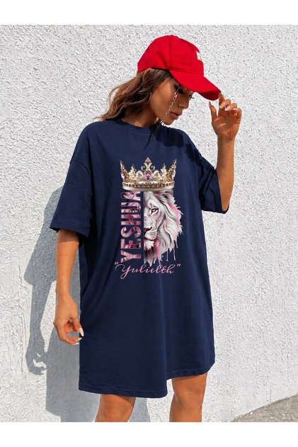 Women's Extra Long Oversize Crowned Lion Printed Tunic T-Shirt
