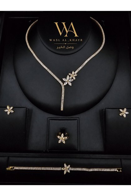 Women's Fashion Zircon Jewelry Set Flower Y-Shaped Pendant Necklace Earrings Ring Bracelet 4Pcs Set