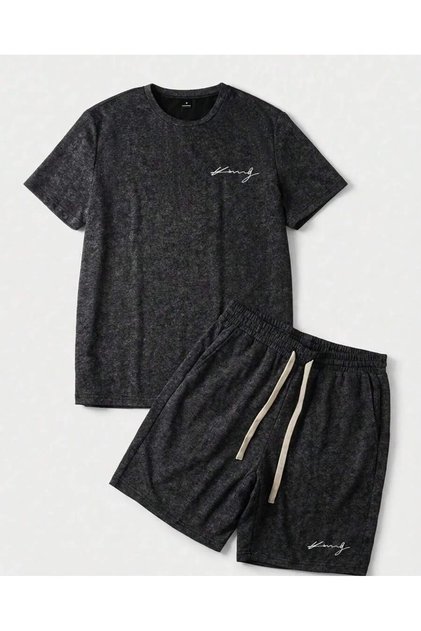 Black Washed T-Shirt Set, 2-Piece, Minimalist Design, Suitable for Summer, Outing, Meeting, Home Use, Gift for Wife/Boyfriend
